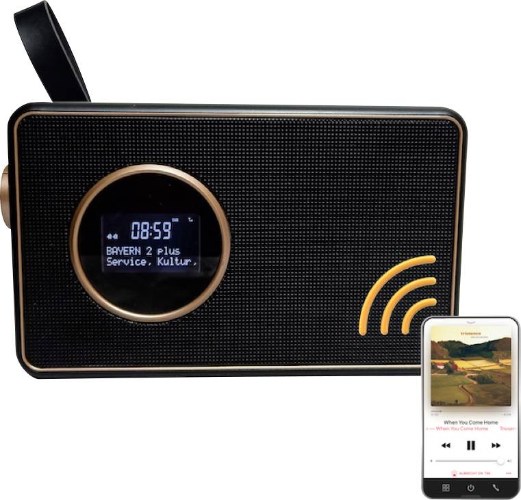 Cyfrowy budzik radiowy wskazuje '08:59'. Ustawiony jest nadajnik 'Bayern 2 plus, Serwis, Kultura'. Obok leży smartfon z aplikacją muzyczną.