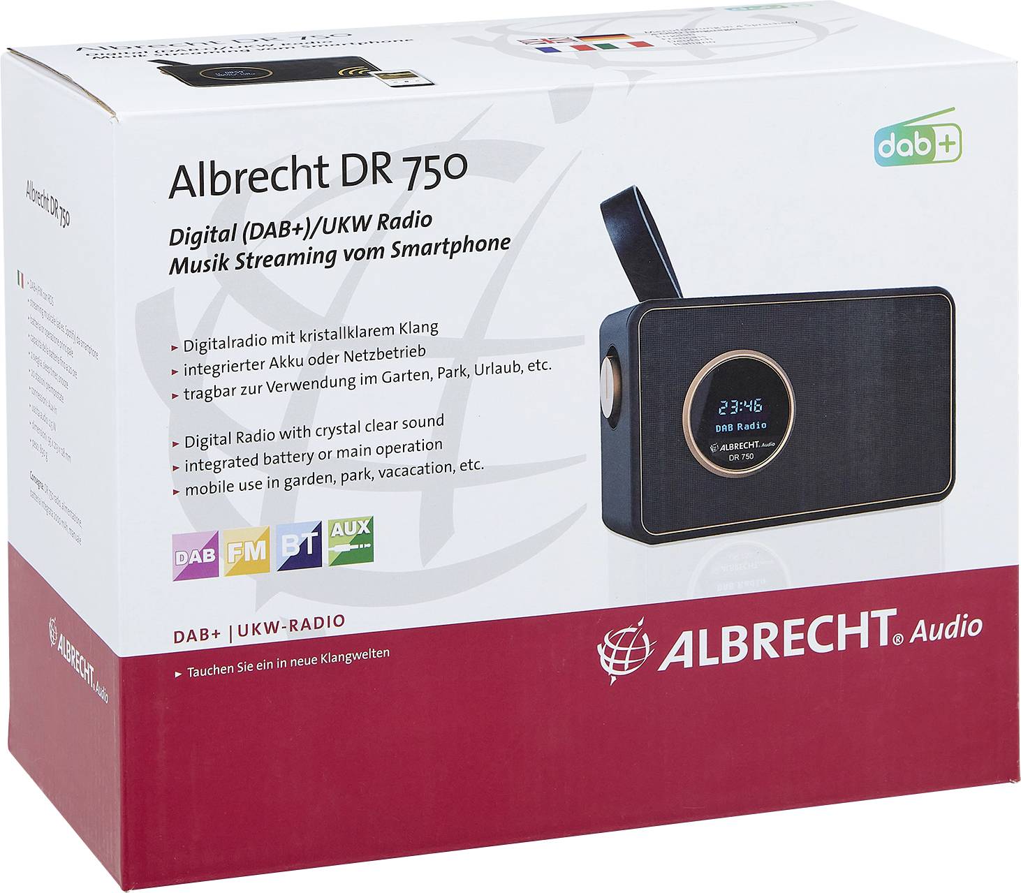 'Radio cyfrowe Albrecht DR 750 w opakowaniu. Cechy: DAB+/UKW, strumieniowanie muzyki, zintegrowany akumulator. Odpowiednie do ogrodu, parku, wakacji.'