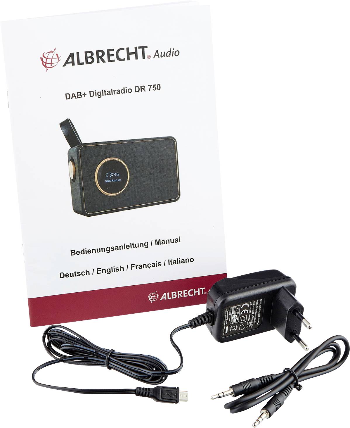 Cyfrowe radio 'Albrecht DR 750' z instrukcją obsługi w języku niemieckim, angielskim, francuskim i włoskim. Zawiera zasilacz i kabel audio.