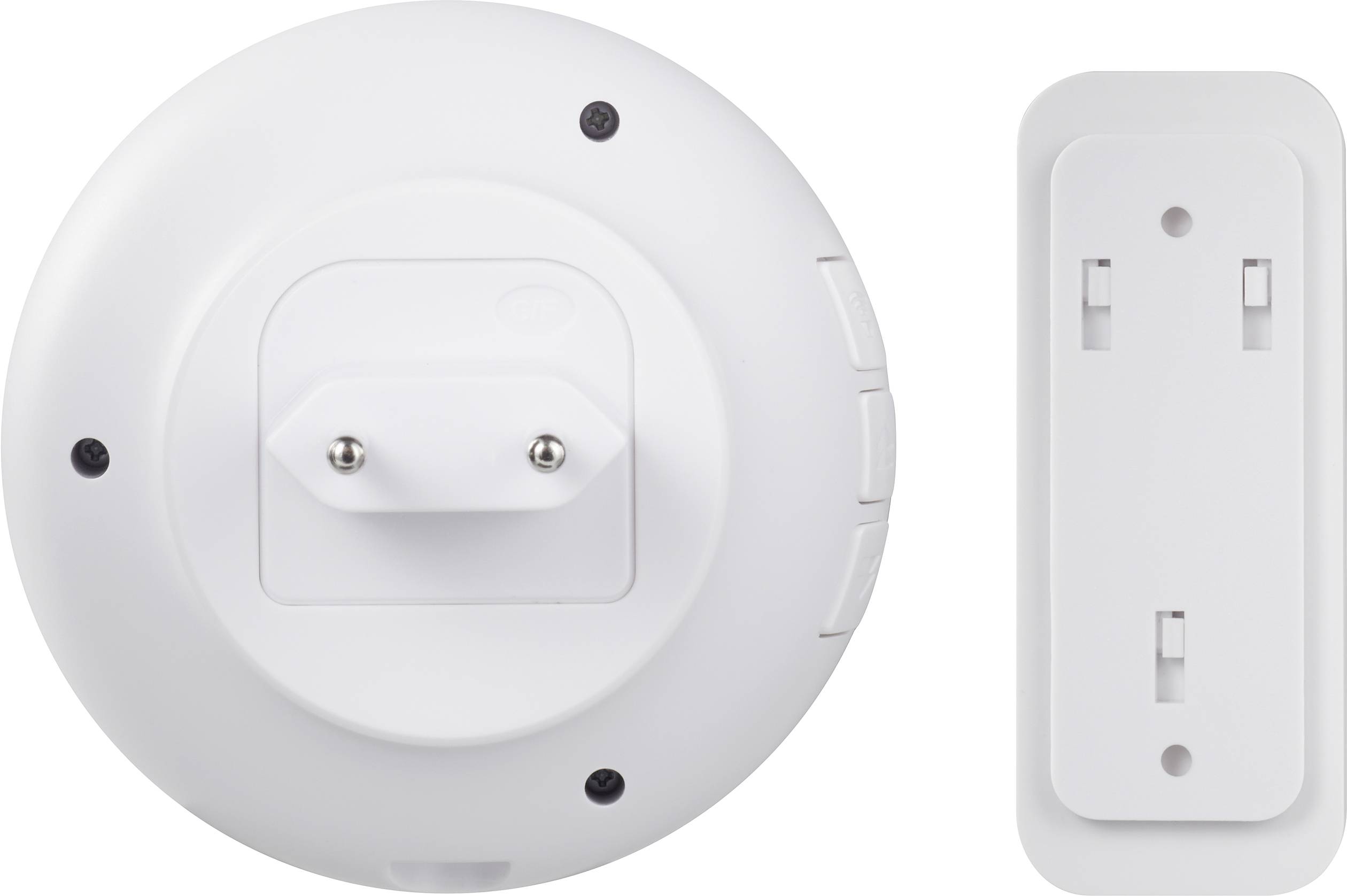 Biały adapter do gniazdek elektrycznych z dwoma wtyczkami i zdejmowalnym uchwytem ściennym; widok przedstawia tylną stronę adaptera.