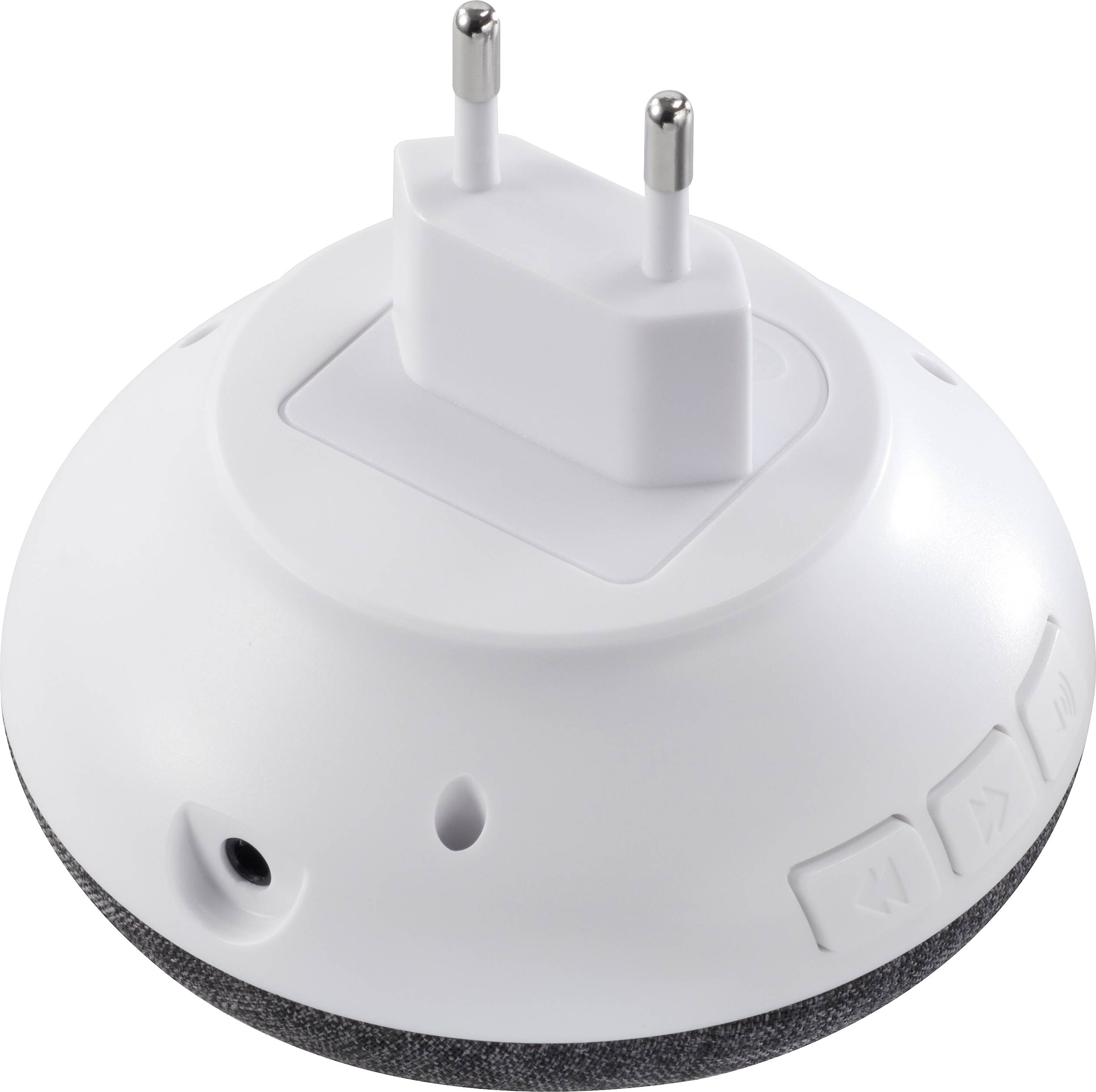 Kompaktowy, okrągły głośnik z wtyczką europejską. Zawiera elementy sterujące głośnością i odtwarzaniem z boku.