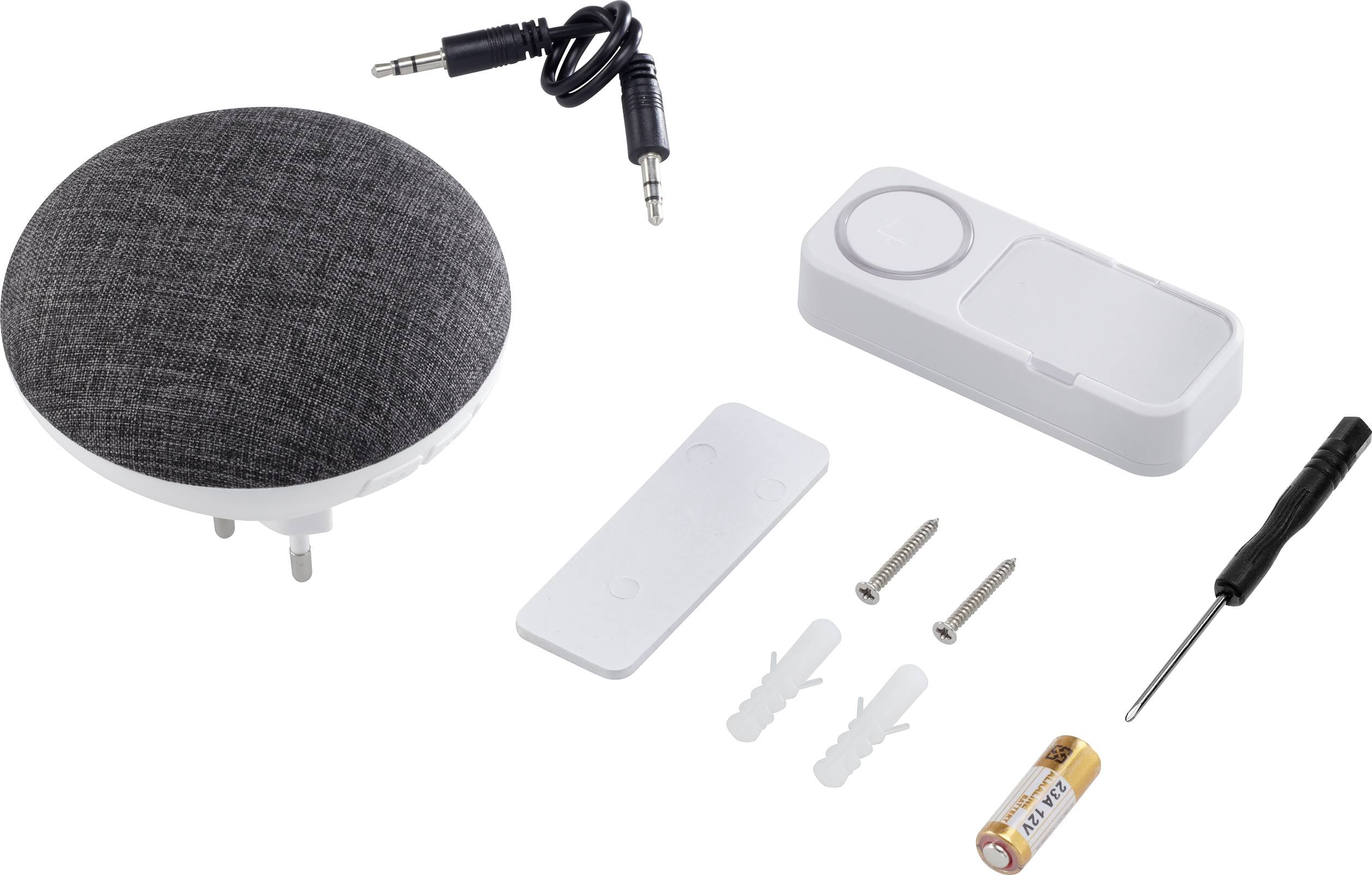 Inteligentne urządzenie smart home z głośnikiem, kablem, pilotem, śrubami, kołkami, śrubokrętem i baterią jako wyposażeniem dodatkowym.