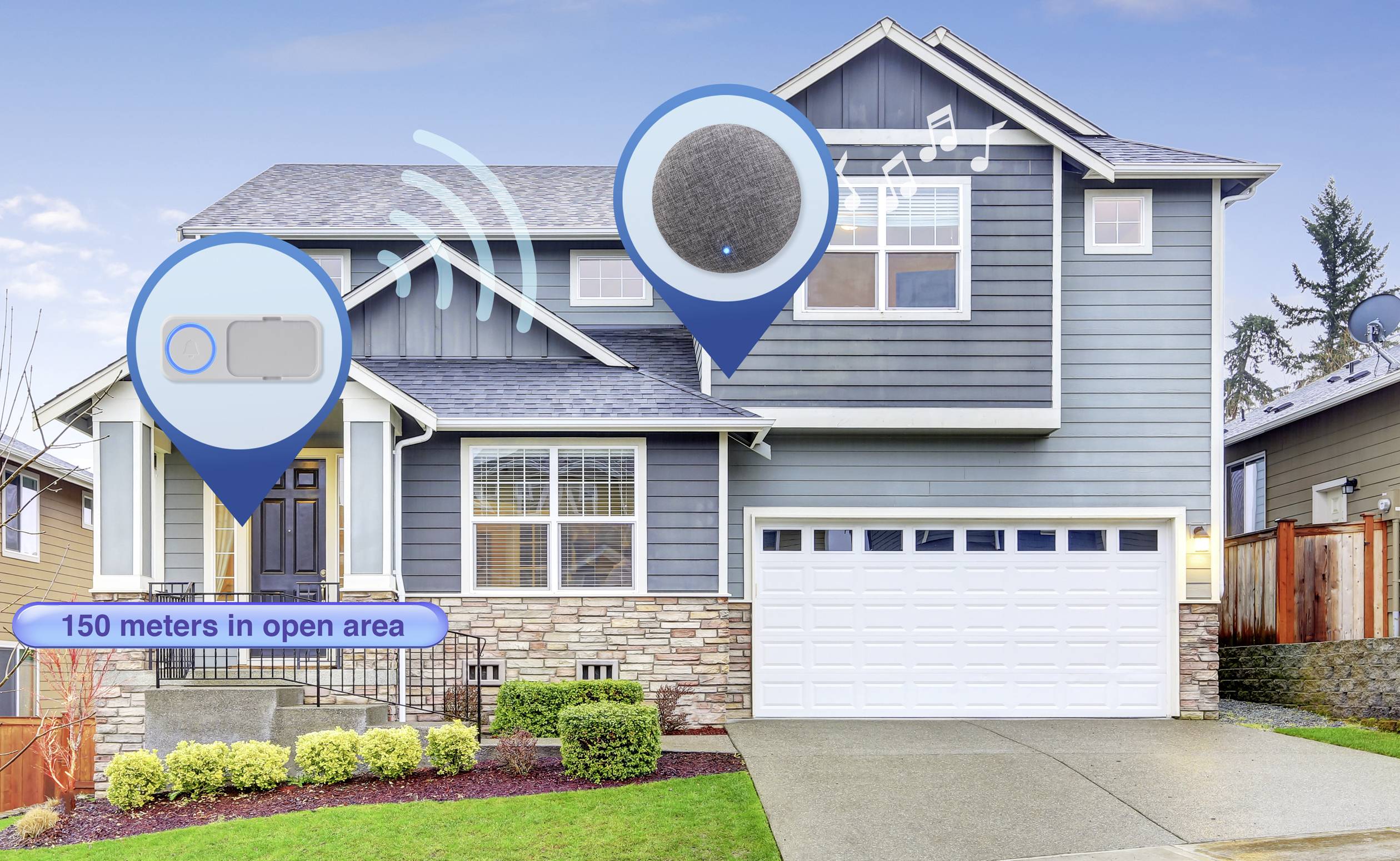 Nowoczesny dom z inteligentnym głośnikiem odtwarzającym muzykę. Podkreślono zasięg 150 metrów na wolnym powietrzu.