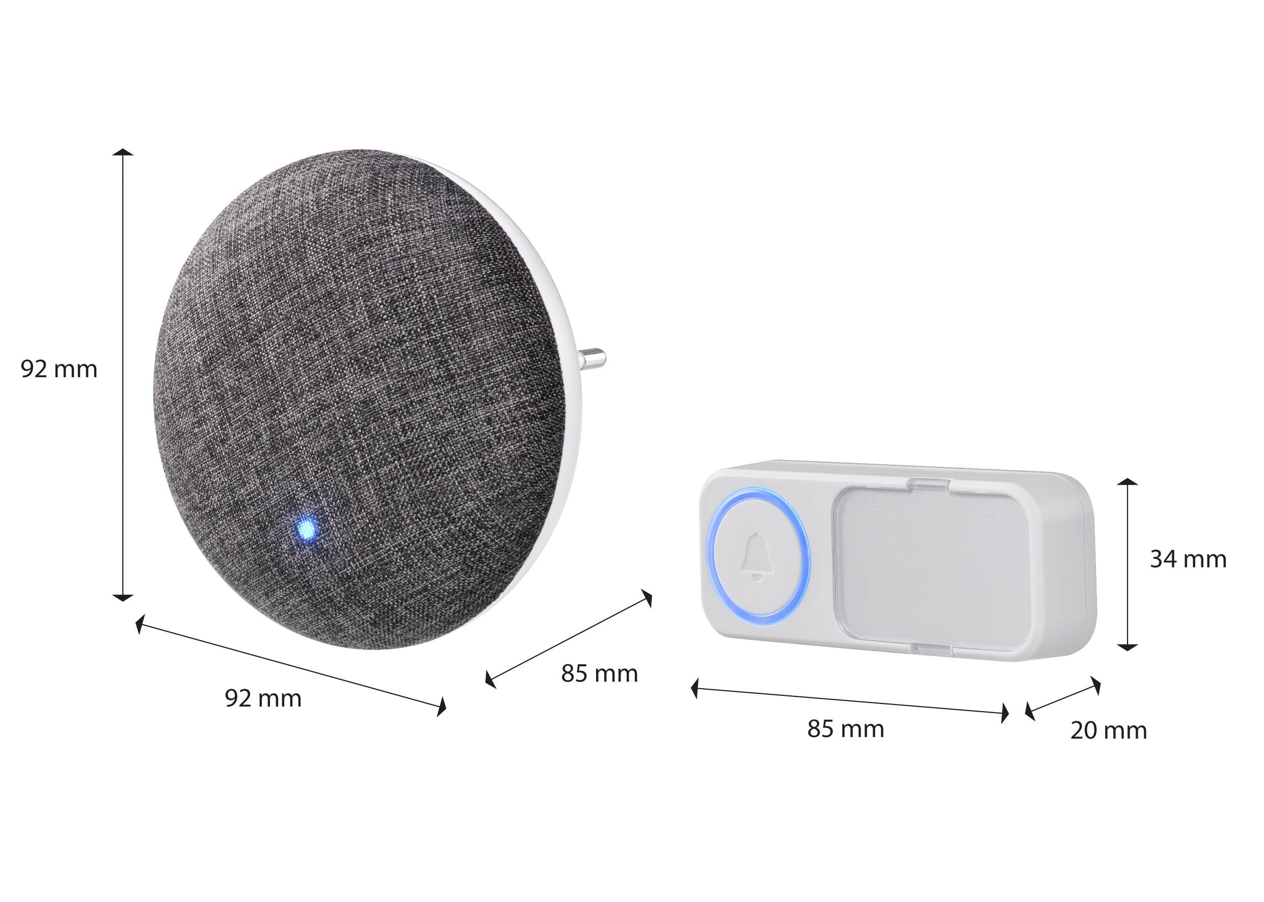 Zestaw dzwonka bezprzewodowego z okrągłym, szarym odbiornikiem (92x92 mm) i prostokątnym nadajnikiem (85x34 mm) z niebieskim wskaźnikiem LED.