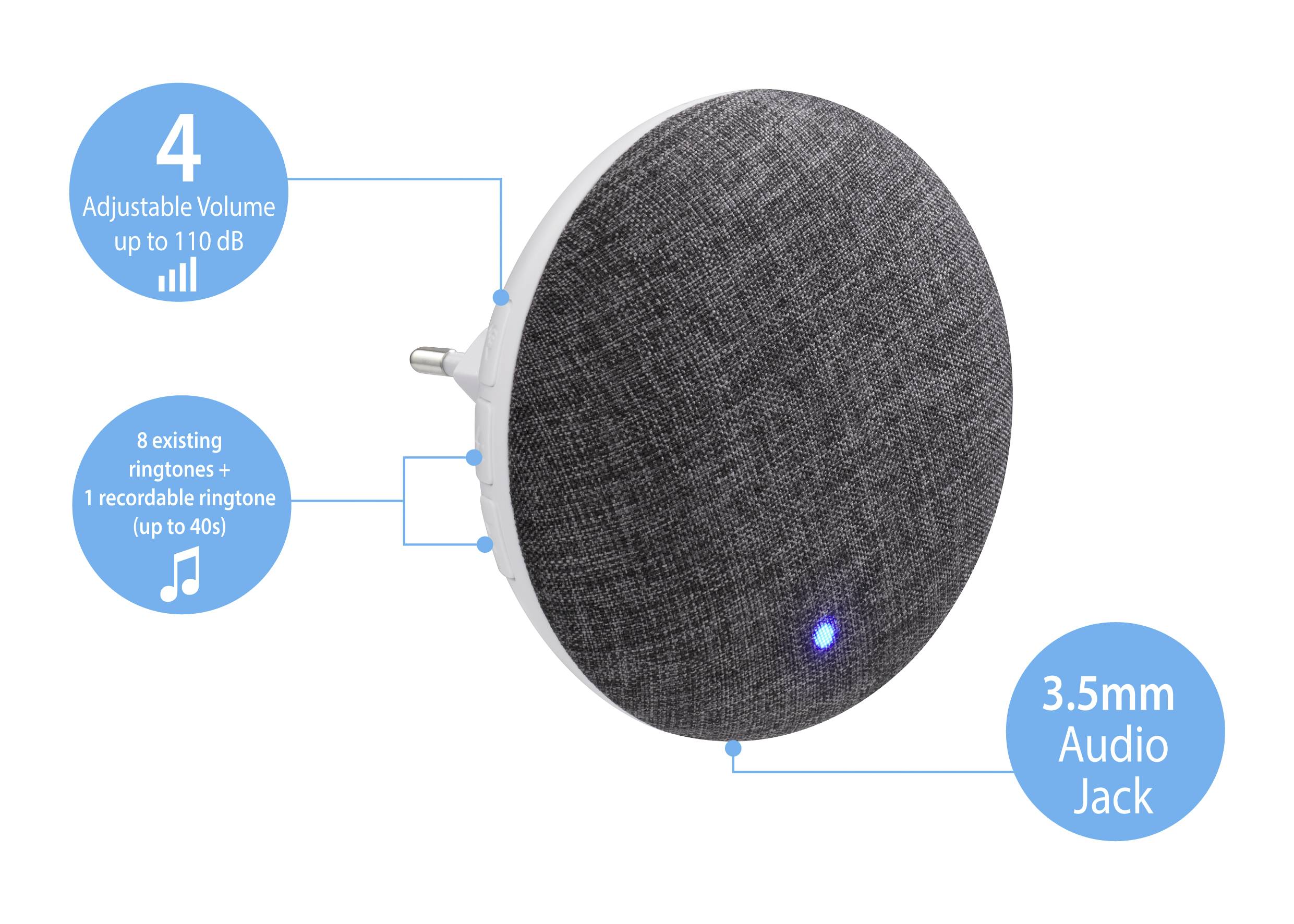 Szary, okrągły głośnik z niebieskimi oznaczeniami prezentuje funkcje: '4 regulowane poziomy głośności do 110 dB', '8 dzwonków + 1 do nagrania', 'złącze audio 3,5 mm'.