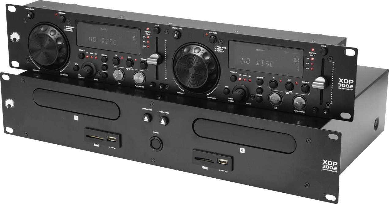 Podwójny odtwarzacz CD w formacie rack, model 'XDP-3002', z elementami sterującymi i wyświetlaczami do odtwarzania i kontroli dźwięku.