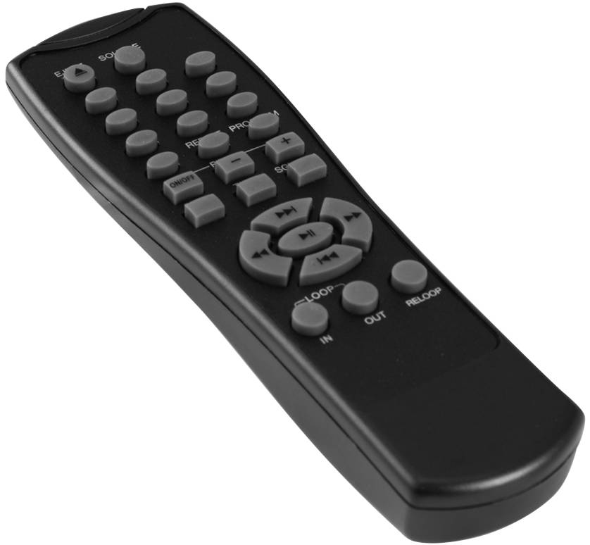 Czarna pilot ze szarymi przyciskami, w tym przyciskami kierunkowymi i klawiszami numerycznymi.