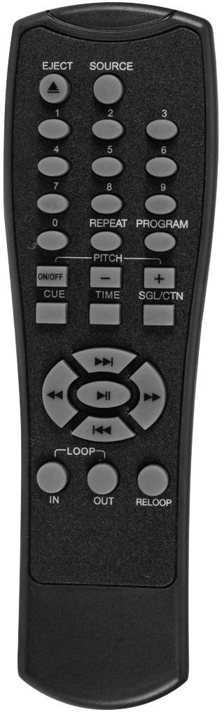 Pilot zdalnego sterowania z klawiszami numerycznymi (1-9), klawiszami funkcyjnymi takimi jak 'Wysuń', 'Źródło', krzyżakiem sterowania oraz przyciskami odtwarzania.