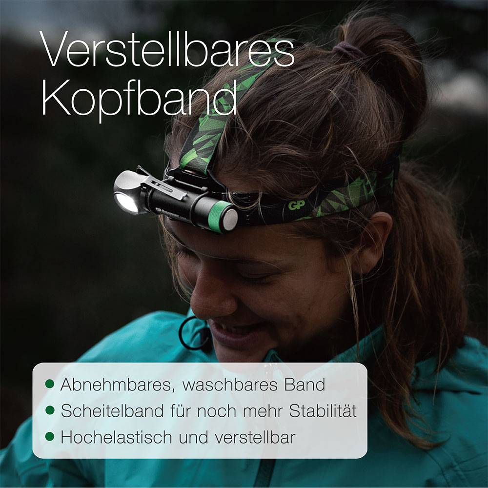 Osoba nosi opaskę czołową z lampką na wolnym powietrzu. Tekst: 'Regulowana opaska na głowę'. Punkty: 'Zdejmowana, możliwa do prania opaska', 'Pasek na szczyt głowy dla stabilności', 'Wysoce elastyczna i regulowana'.