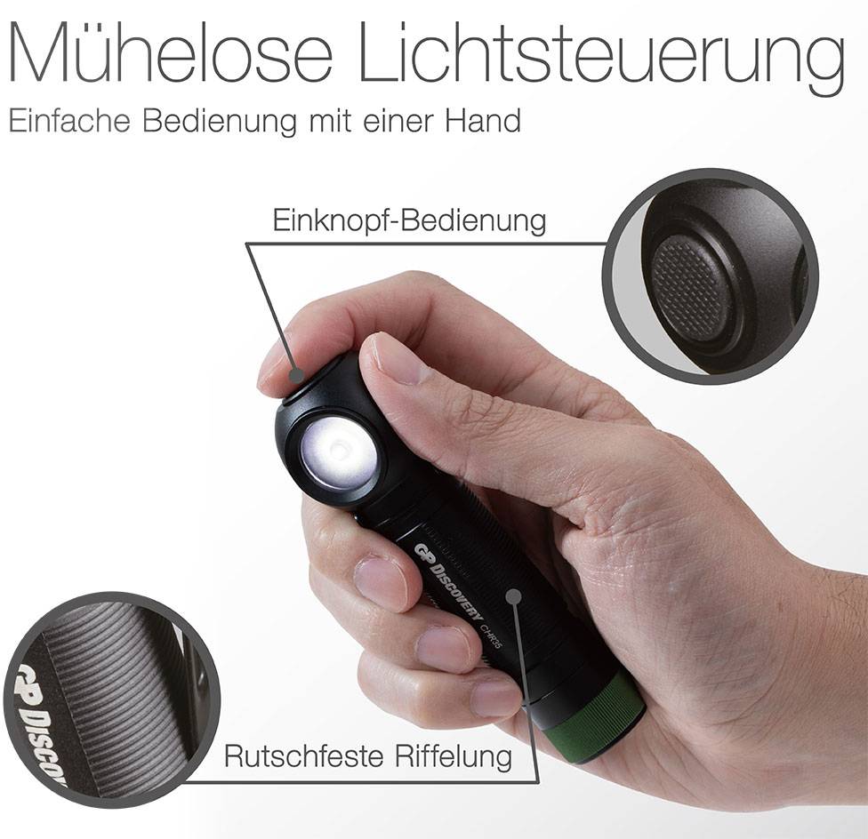 Osoba trzyma latarkę z tekstem: 'Bezproblemowe sterowanie światłem. Prosta obsługa jedną ręką.' Oznaczenia wskazują na obsługę za pomocą jednego przycisku i antypoślizgowe użycie.