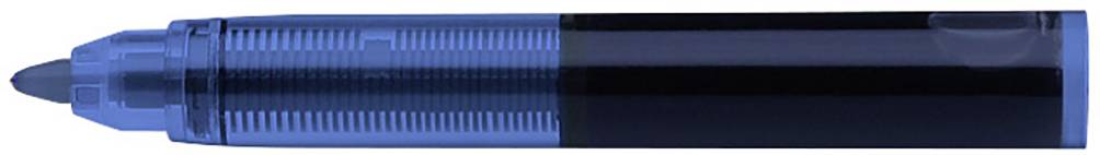 Niebieski długopis z przezroczystym wieczkiem leży poziomo. Wierzchołek długopisu skierowany jest w lewą stronę.