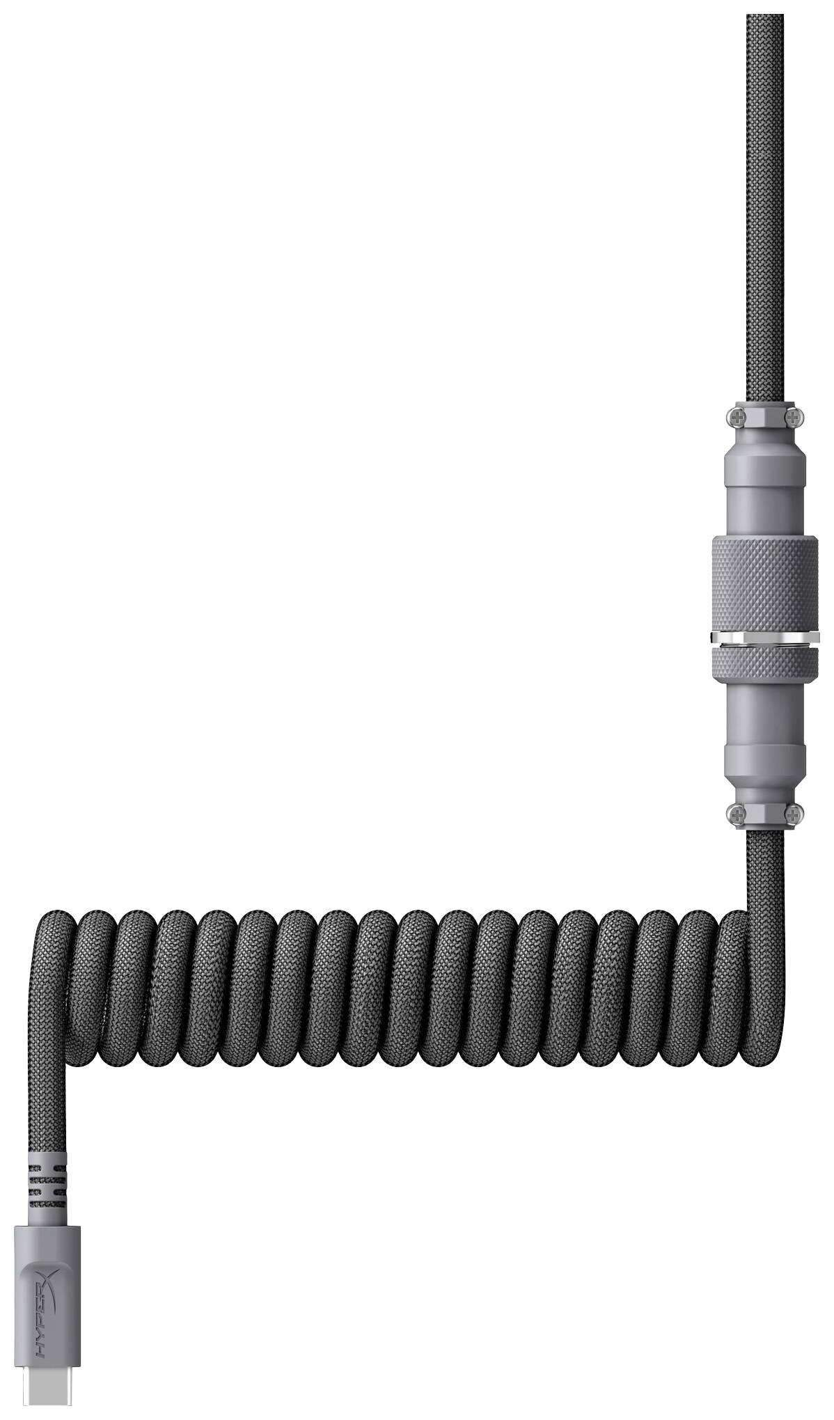 Czarno-szary kabel USB spiralnie skręcony, zakończony metalowym złączem.