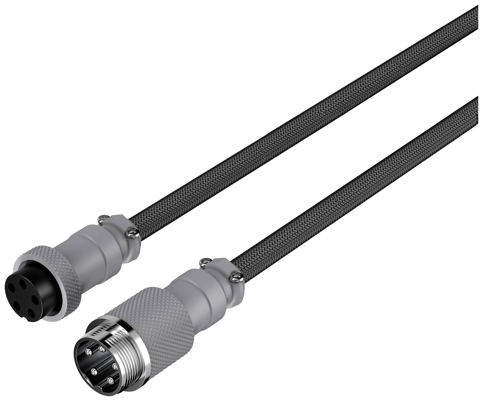 Przewód elektryczny z dwoma szarymi złączami na końcach, każde z wieloma przyłączami. Wydaje się odpowiedni do zastosowań przemysłowych.