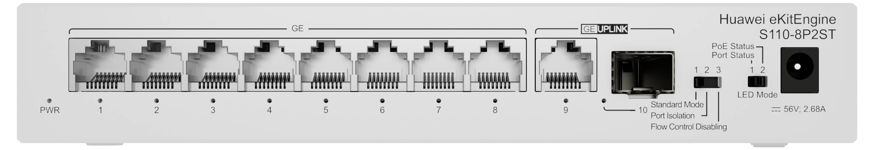Ośmio-portowy switch sieciowy Huawei z gniazdami Ethernet i diodami LED statusu, model S110-9P2ST.