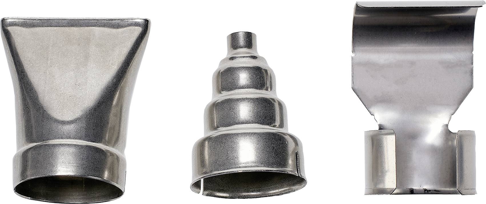 'Trzy metalowe nasadki do urządzeń na gorące powietrze, po lewej stronie płaskie, pośrodku stożkowe, po prawej stronie w kształcie litery U. Przeznaczone do równomiernego nagrzewania.'