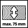 Piktogram przedstawia słoje roczne pnia drzewa z podwójną strzałką pośrodku. Tekst poniżej: 'maks. 75 mm'.