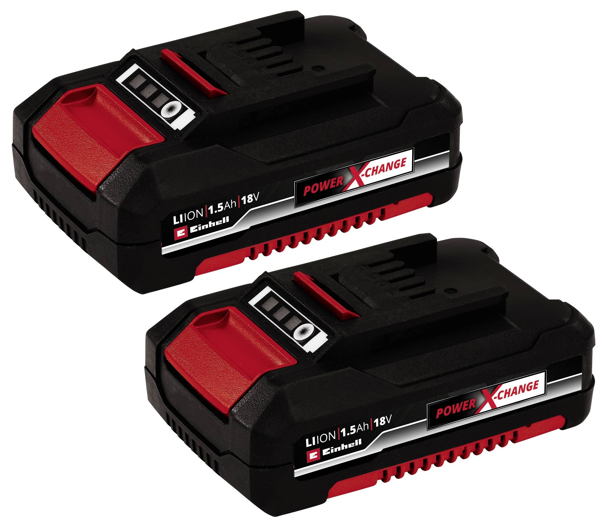 Dwa akumulatory Li-Ion 18V z serii Power X-Change firmy Einhell, w kolorach czarnym i czerwonym, o pojemności 1,5Ah. Posiadają wskaźnik naładowania na górnej powierzchni.