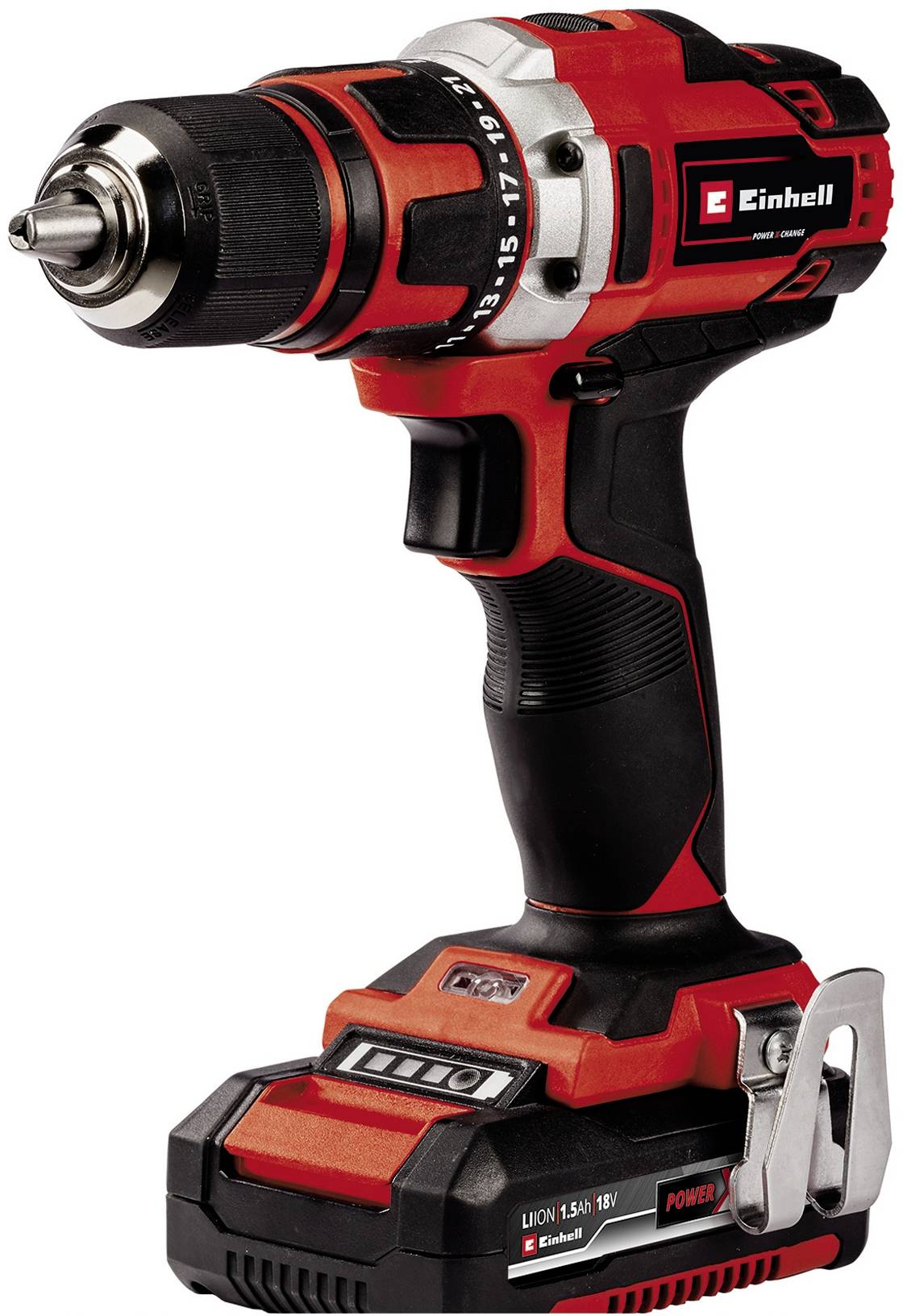 Bezprzewodowy, czerwono-czarny wkrętak akumulatorowy z ergonomicznym uchwytem i końcówką bit.