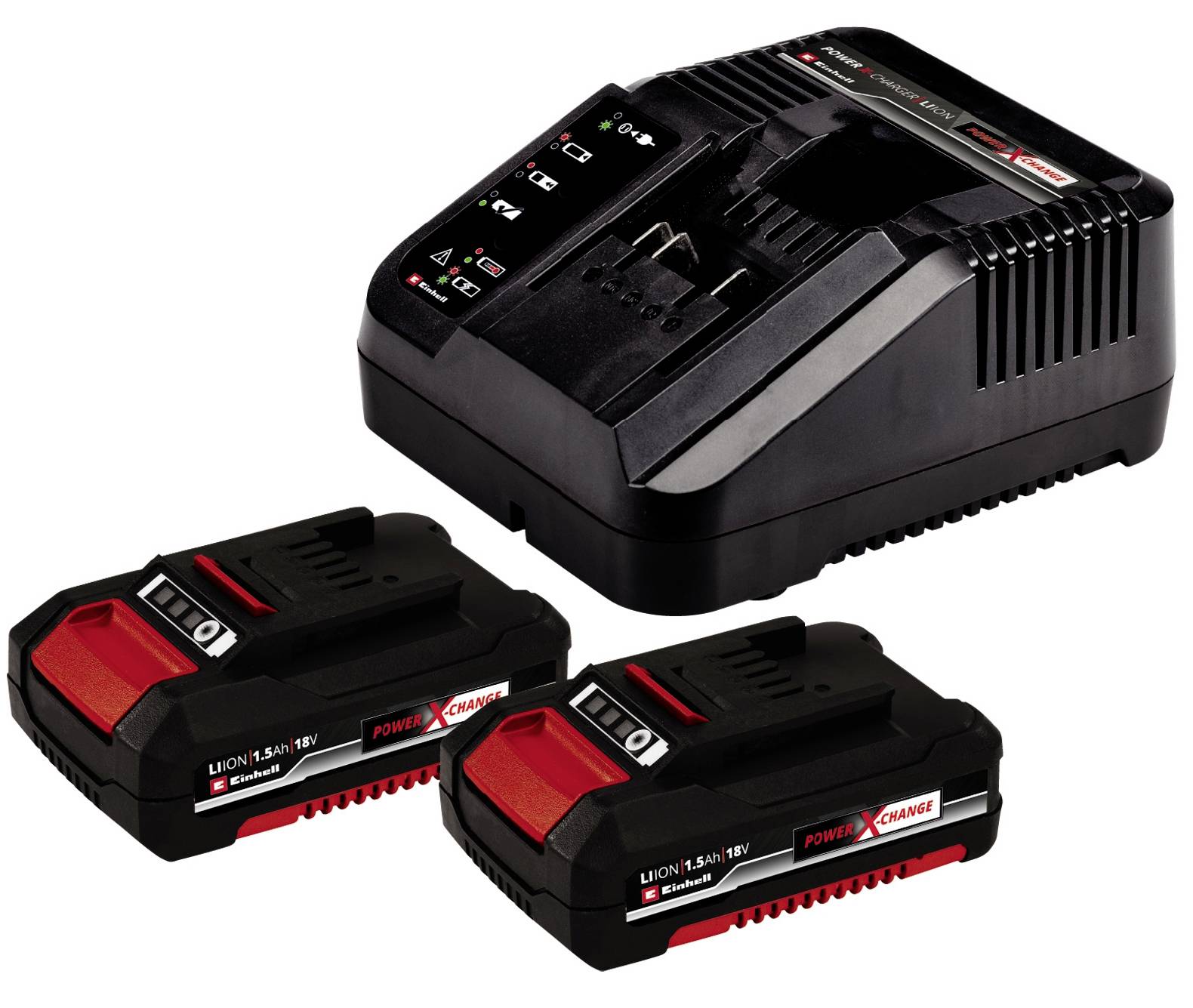 Ładowarka z dwoma akumulatorami litowo-jonowymi do ponownego ładowania. Baterie są czarne z czerwonymi akcentami i przeznaczone do narzędzi.