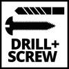 Obraz przedstawia symbol wiercenia i wkręcania, na którym widnieje wiertło i wkręt. Pod spodem znajduje się napis 'DRILL + SCREW'.