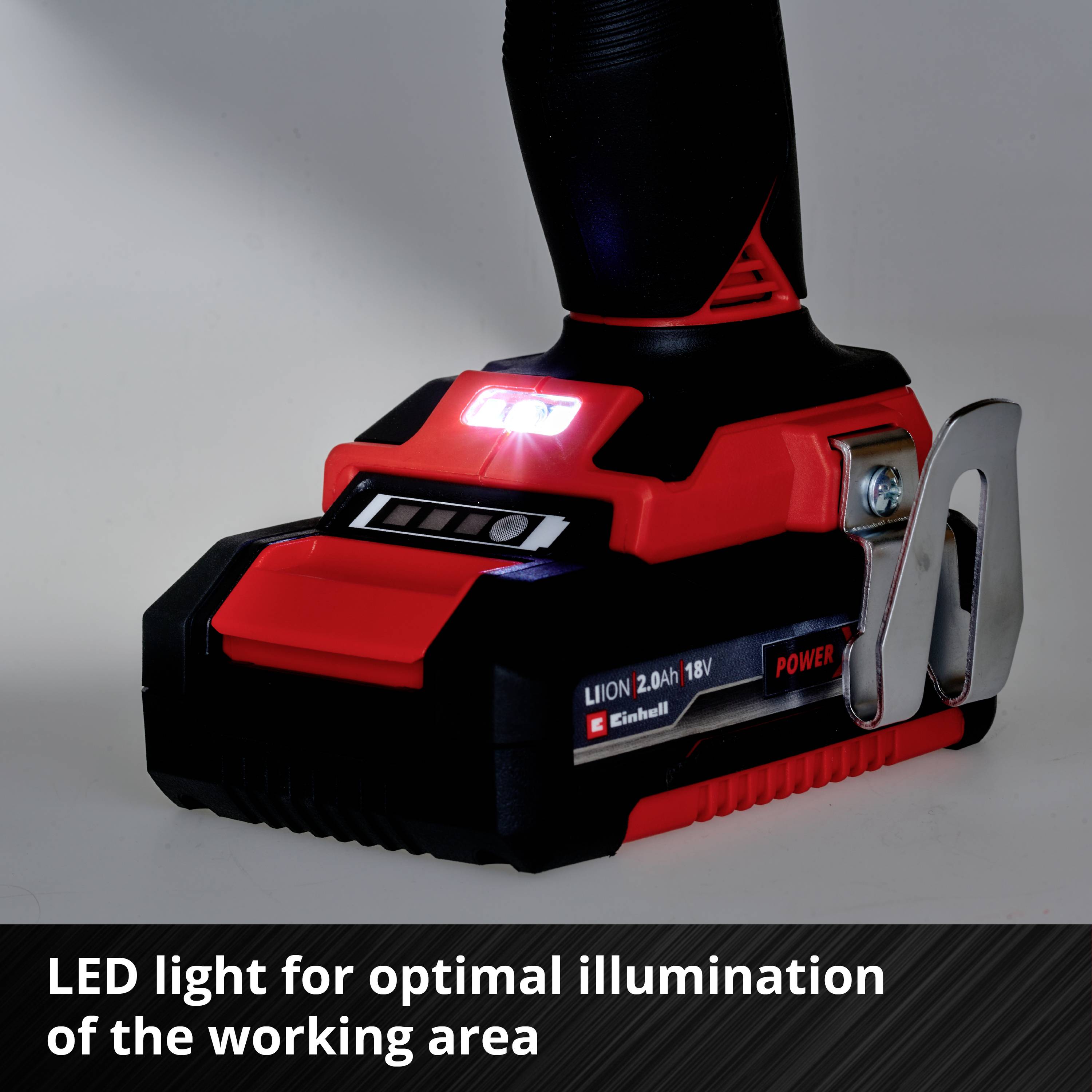Akumulatorowy wkrętak z oświetleniem LED na dolnej części. Tekst na obrazie: 'Światło LED do optymalnego doświetlenia strefy roboczej'.