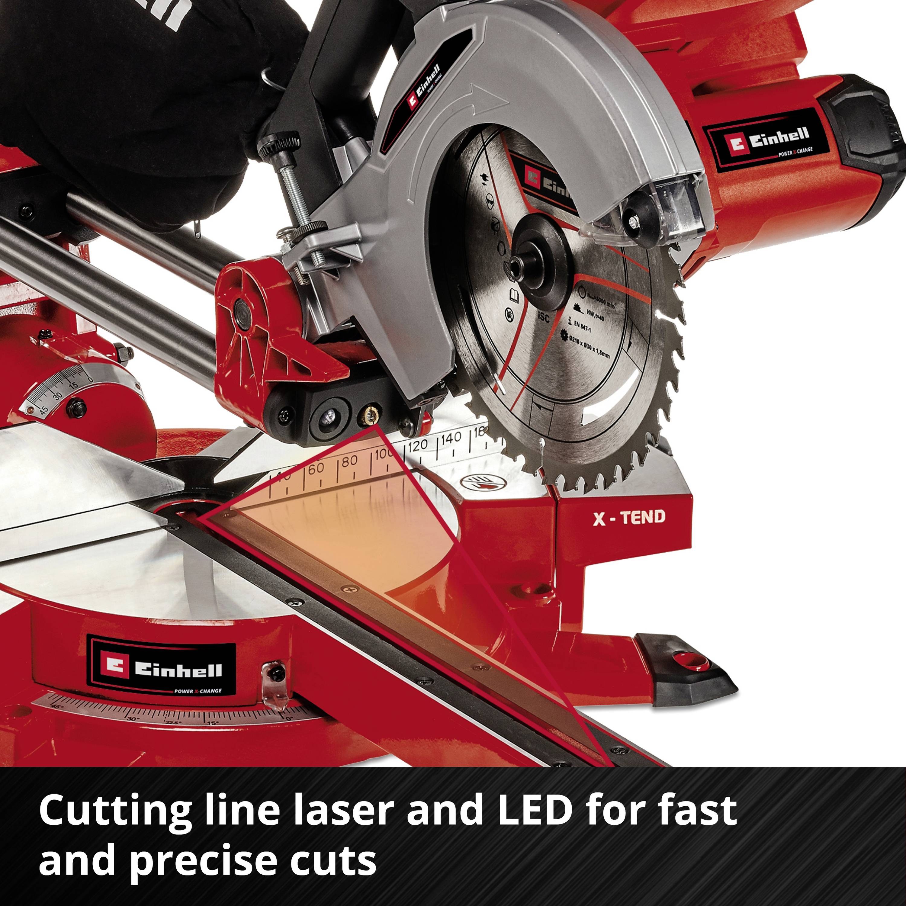 Czerwona piła tarczowa marki Einhell z widocznym brzeszczotem i skalą kątową. Tekst: "Laser do wyznaczania linii cięcia i dioda LED dla szybkich i precyzyjnych cięć".