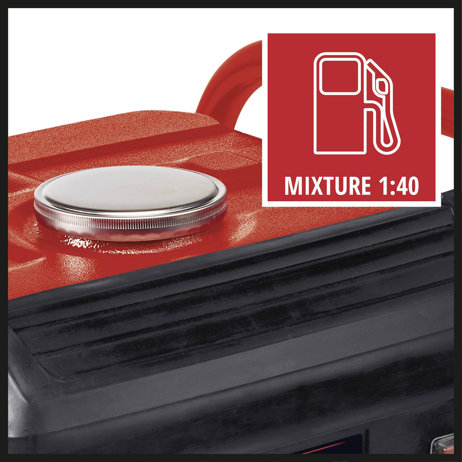 Czerwony karnister na benzynę z logo 'MICTURE 1:40' i symbolem dystrybutora paliw, wskazujący na proporcje mieszania paliwa.