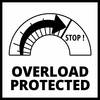 Symbol 'Zabezpieczenie przed przeciążeniem' z tarczą zegara wskazującą na 'Stop!', sygnalizujący aktywność ochrony przed przeciążeniem.