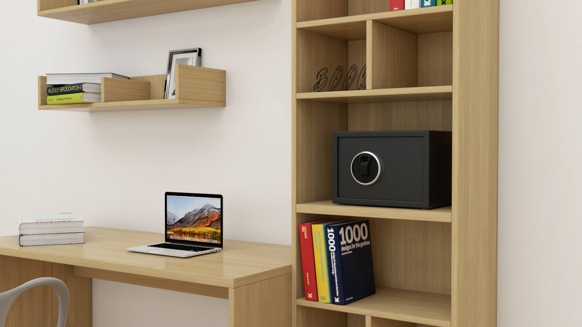 Minimalistyczne biuro z laptopem na drewnianym biurku, otoczone półkami z książkami i sejfem.
