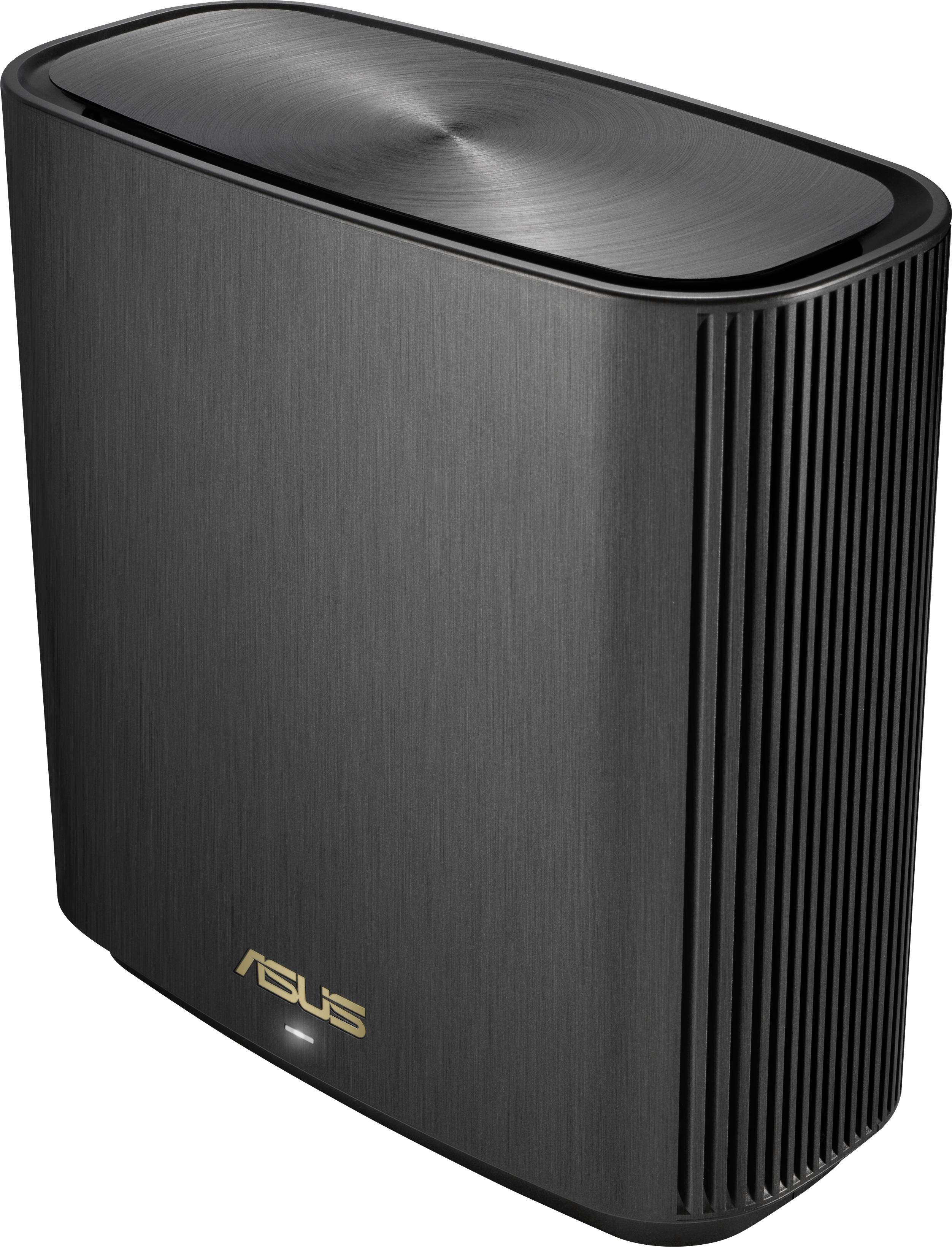 Czarny router ASUS w pozycji pionowej. Ma nowoczesny, żebrowany design na bokach i błyszczącą górną część.