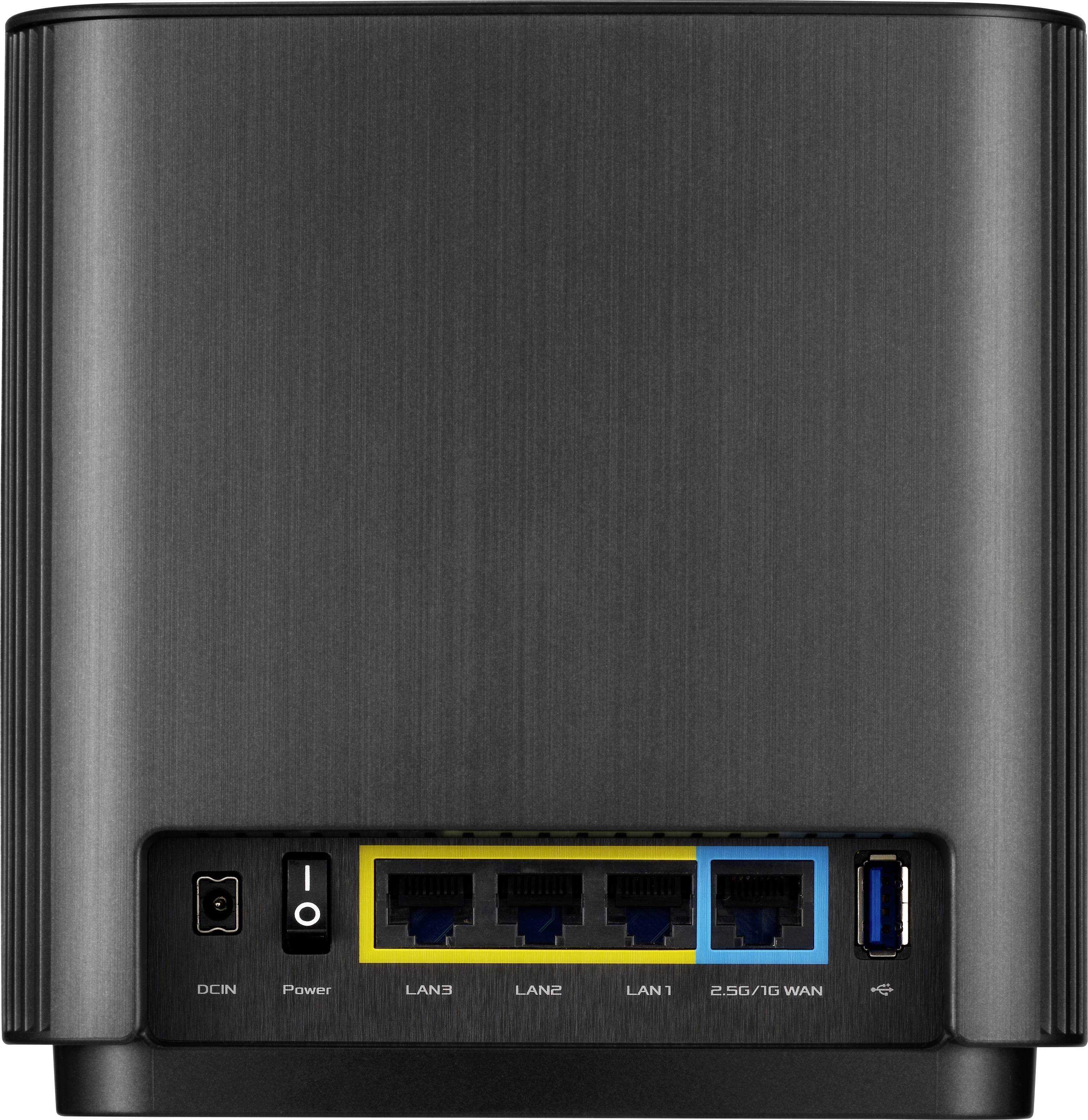 Czarny router sieciowy z czterema portami LAN i jednym interfejsem WAN, każdy oznaczony innym kolorem. Złącza USB i zasilania po lewej stronie.