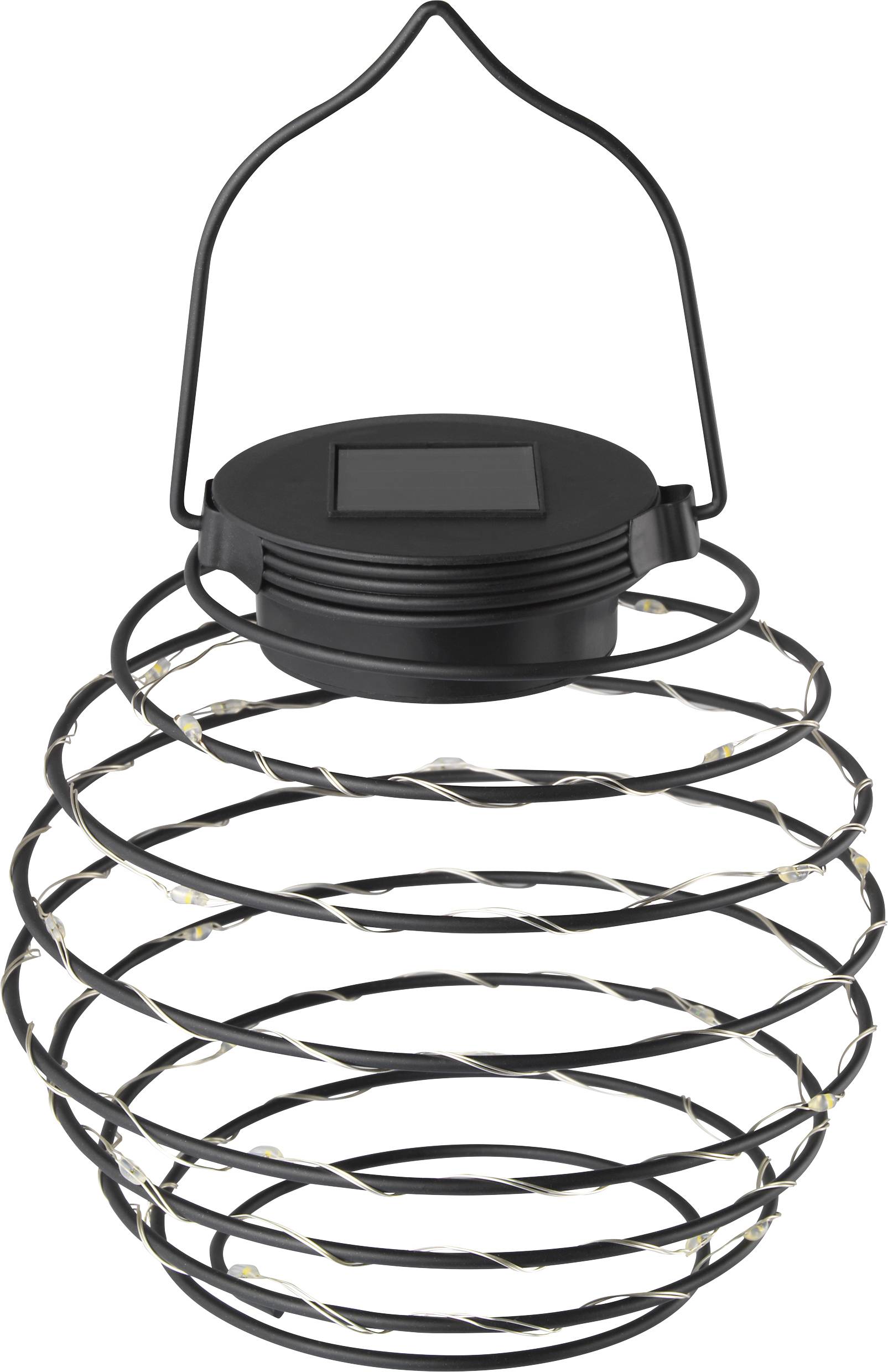 Czarna solarna latarnia o spiralnym kształcie z uchwytem, idealna do dekoracji przestrzeni na świeżym powietrzu.