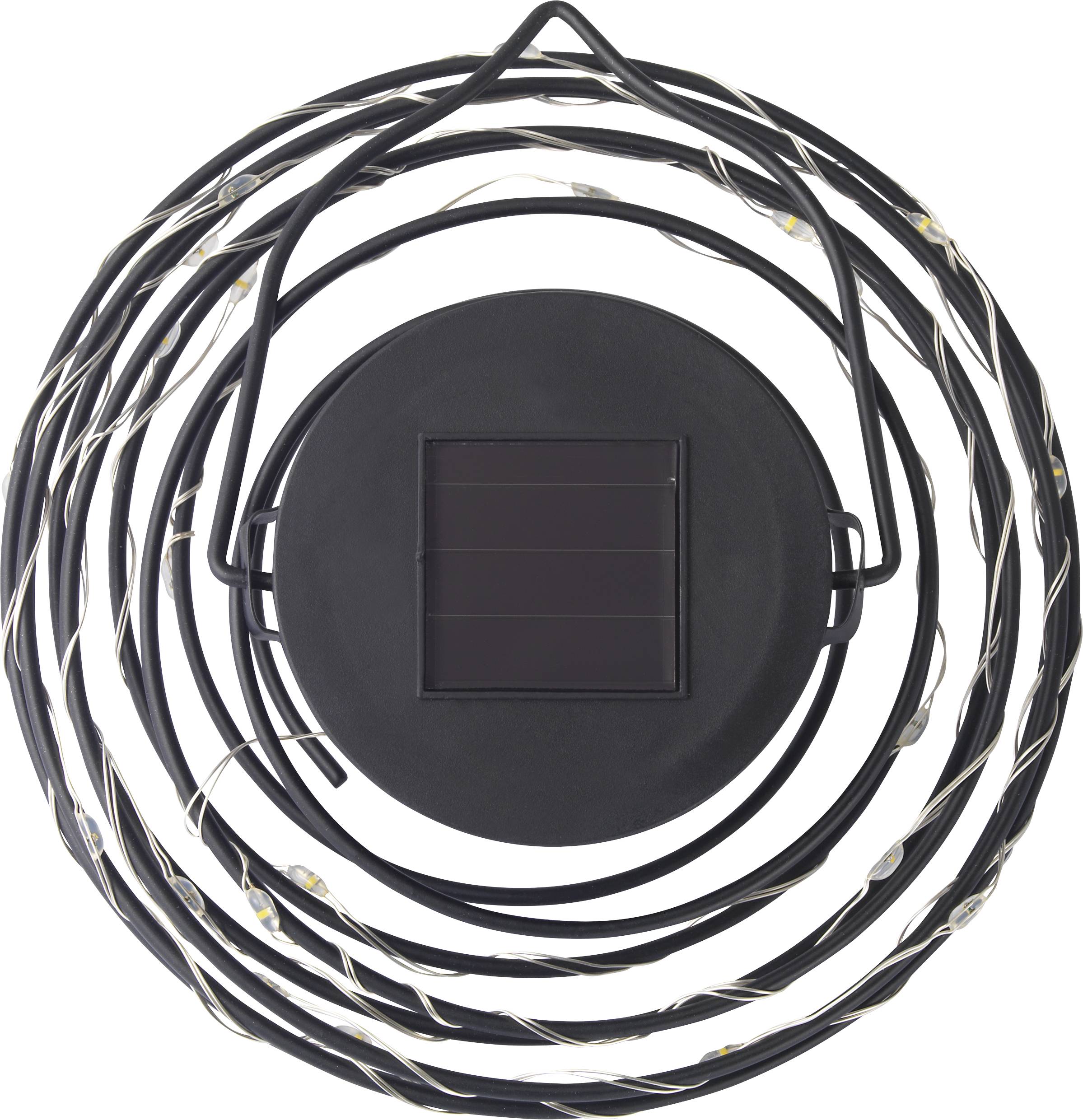 Czarna, okrągła lampa solarna z spiralnie oplecionymi diodami LED, zapewniająca dekoracyjne oświetlenie zewnętrzne.