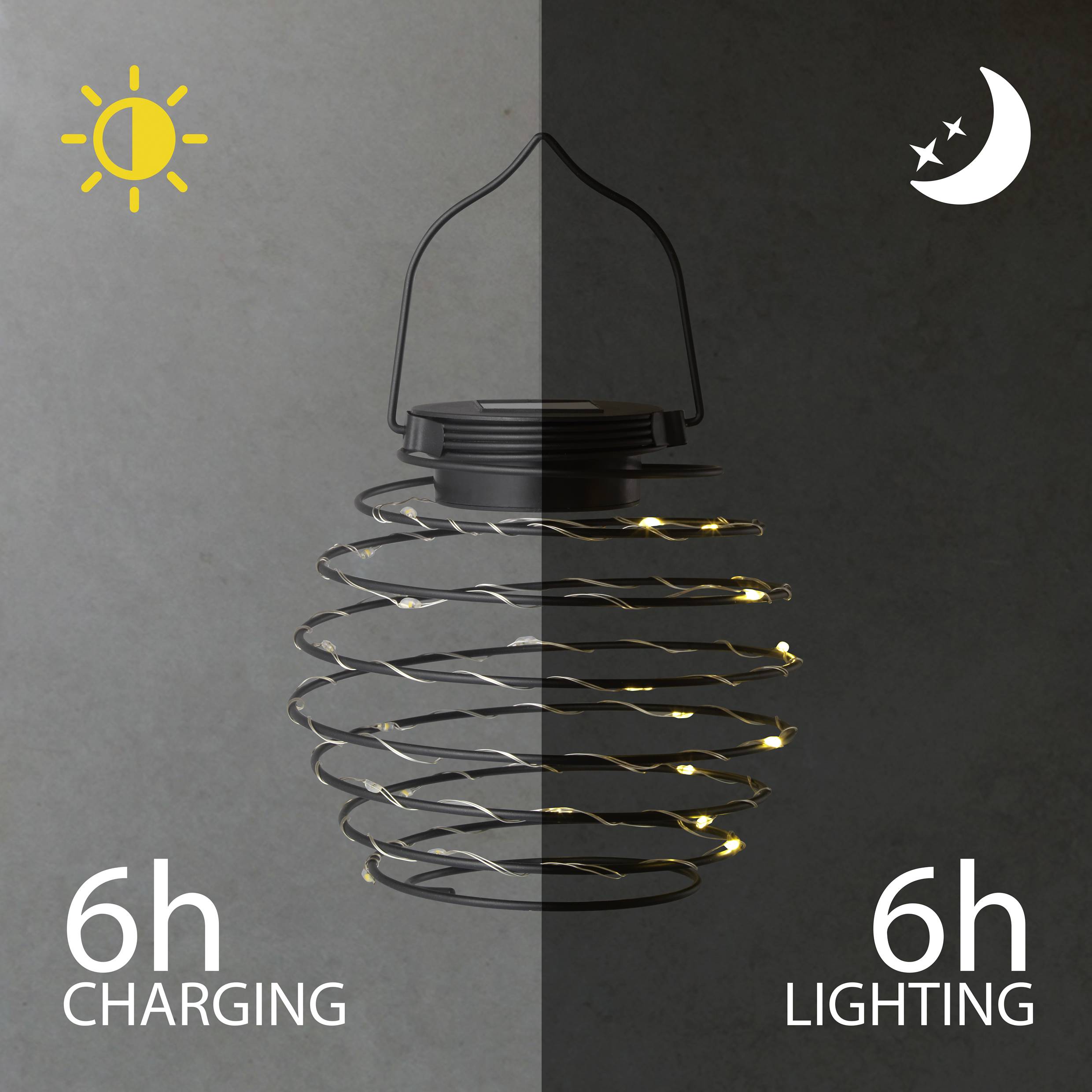 Metalowa latarnia z przewodem spiralnym. Po lewej: Słońce i '6h Ładowania'. Po prawej: Księżyc z gwiazdą i '6h Świecenia'.