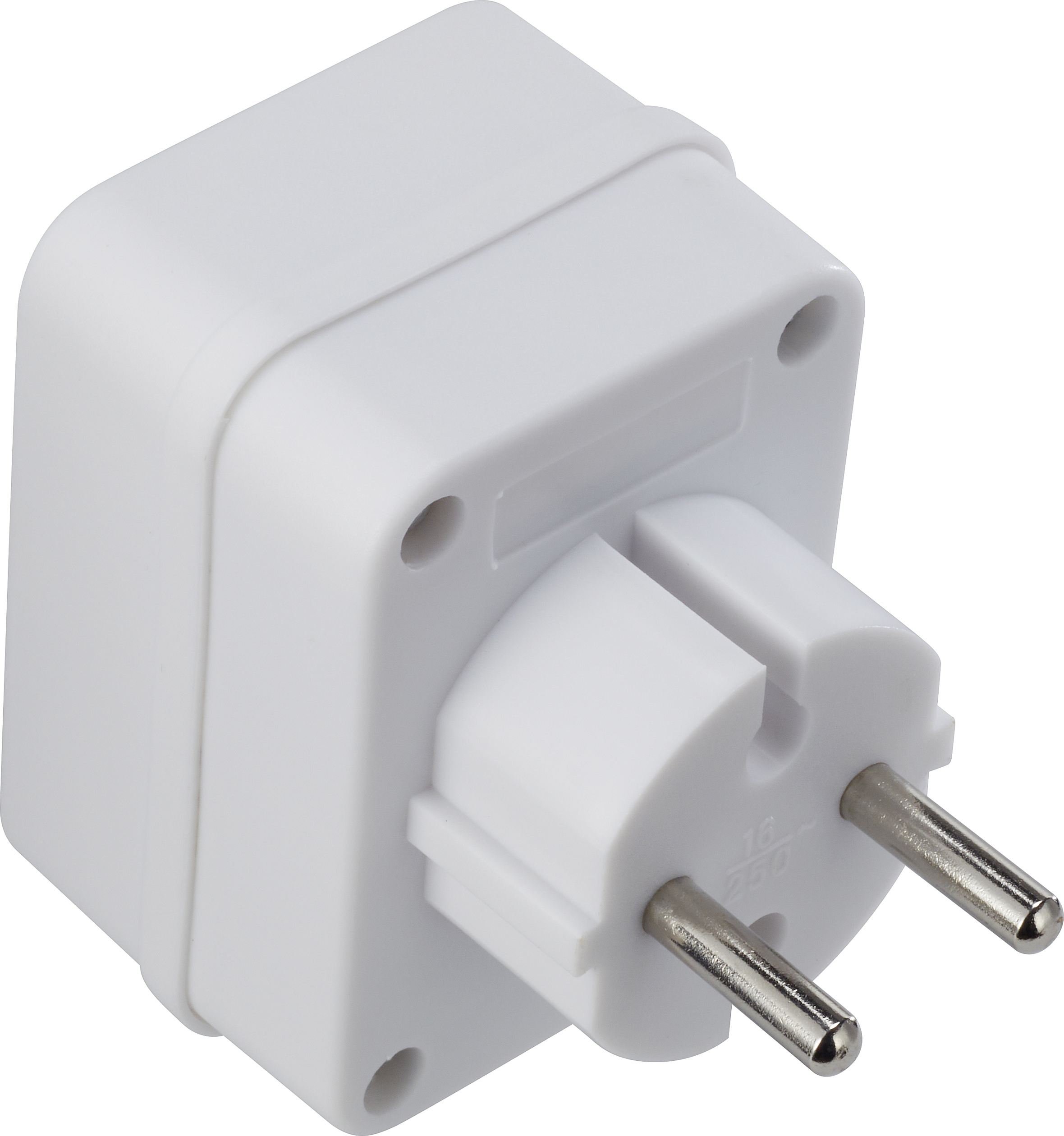 Biały adapter wtykowy z dwoma okrągłymi metalowymi wtyczkami, odpowiedni do europejskich gniazdek elektrycznych.