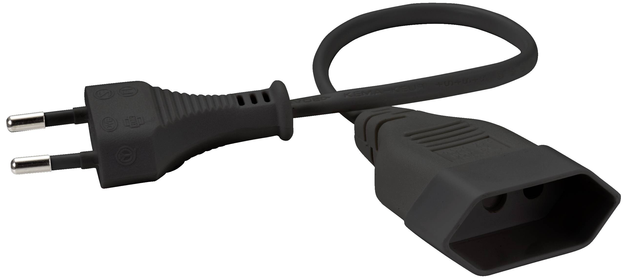 Czarny kabel sieciowy z wtyczką Schuko po jednej stronie i gniazdem przyłączeniowym po drugiej stronie.