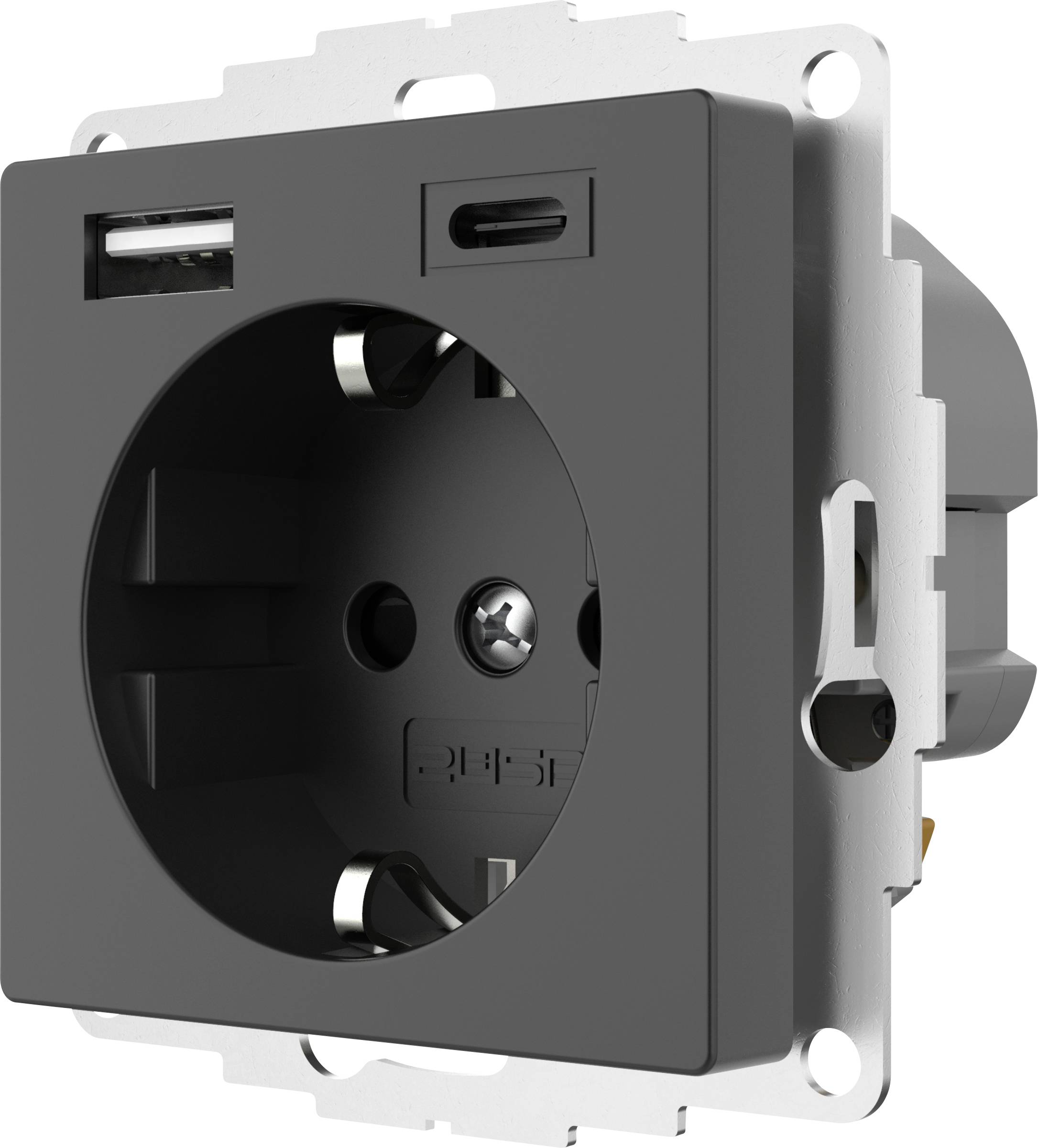 Czarna wtyczka z gniazdami USB-A i USB-C, wmontowana w panel ścienny, przeznaczona do jednoczesnego ładowania urządzeń.