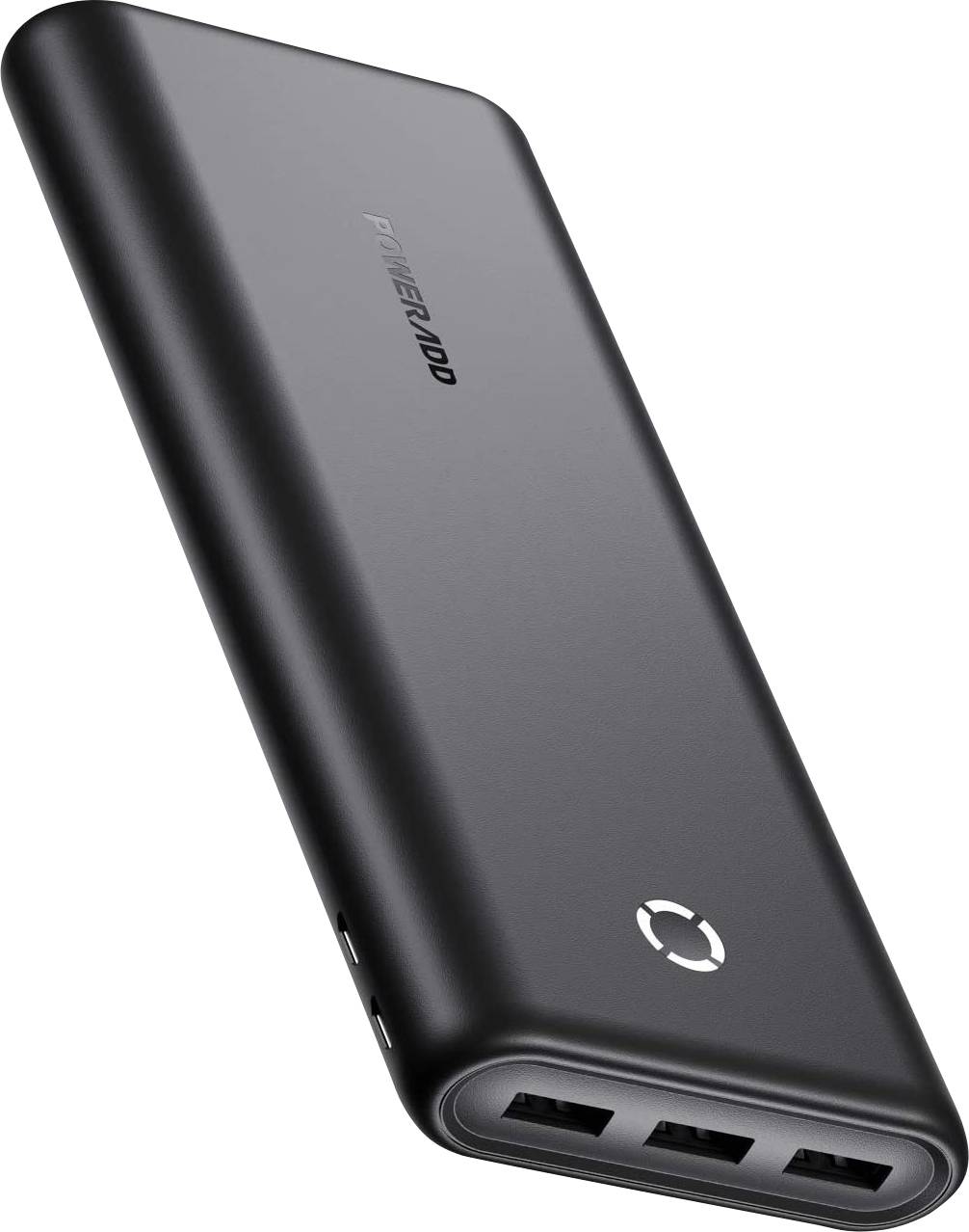 Czarna powerbank z trzema portami USB i okrągłym symbolem. Odpowiednia do jednoczesnego ładowania wielu urządzeń.