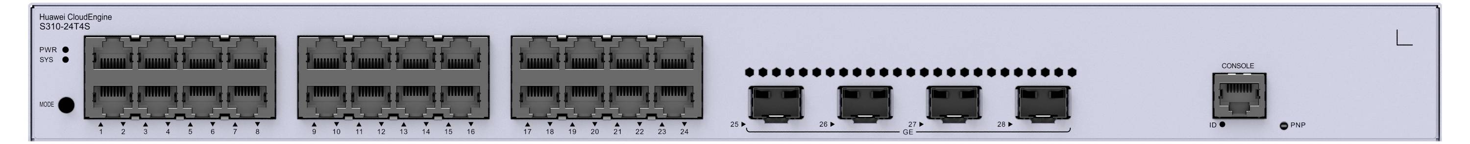 Przełącznik sieciowy z wieloma portami Ethernet, przyciskiem zasilania po lewej stronie i pojedynczym złączem po prawej stronie, idealny do profesjonalnych środowisk informatycznych.