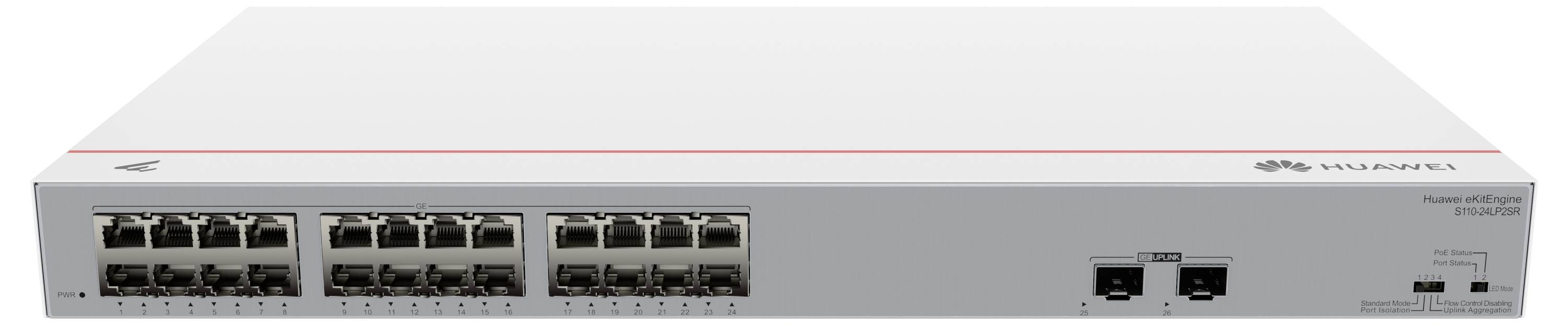 Przełącznik sieciowy firmy Huawei z wieloma portami Ethernet i dwoma złączami optycznymi z przodu.