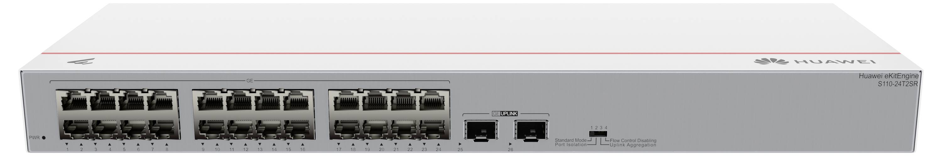 Szary switch sieciowy z wieloma portami Ethernet z przodu, stosowany w infrastrukturze sieci komputerowej.