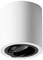 Cylindryczny, biały reflektor sufitowy z czarnym pierścieniem wewnętrznym, odpowiedni do kierunkowego oświetlenia w nowoczesnych wnętrzach.