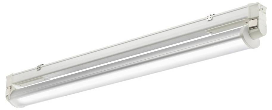 Przemysłowa lampa w podłużnym kształcie, wykonana z metalu, ustawiona poziomo. Odpowiednia do dużych przestrzeni, przeznaczona do ogólnego oświetlenia.