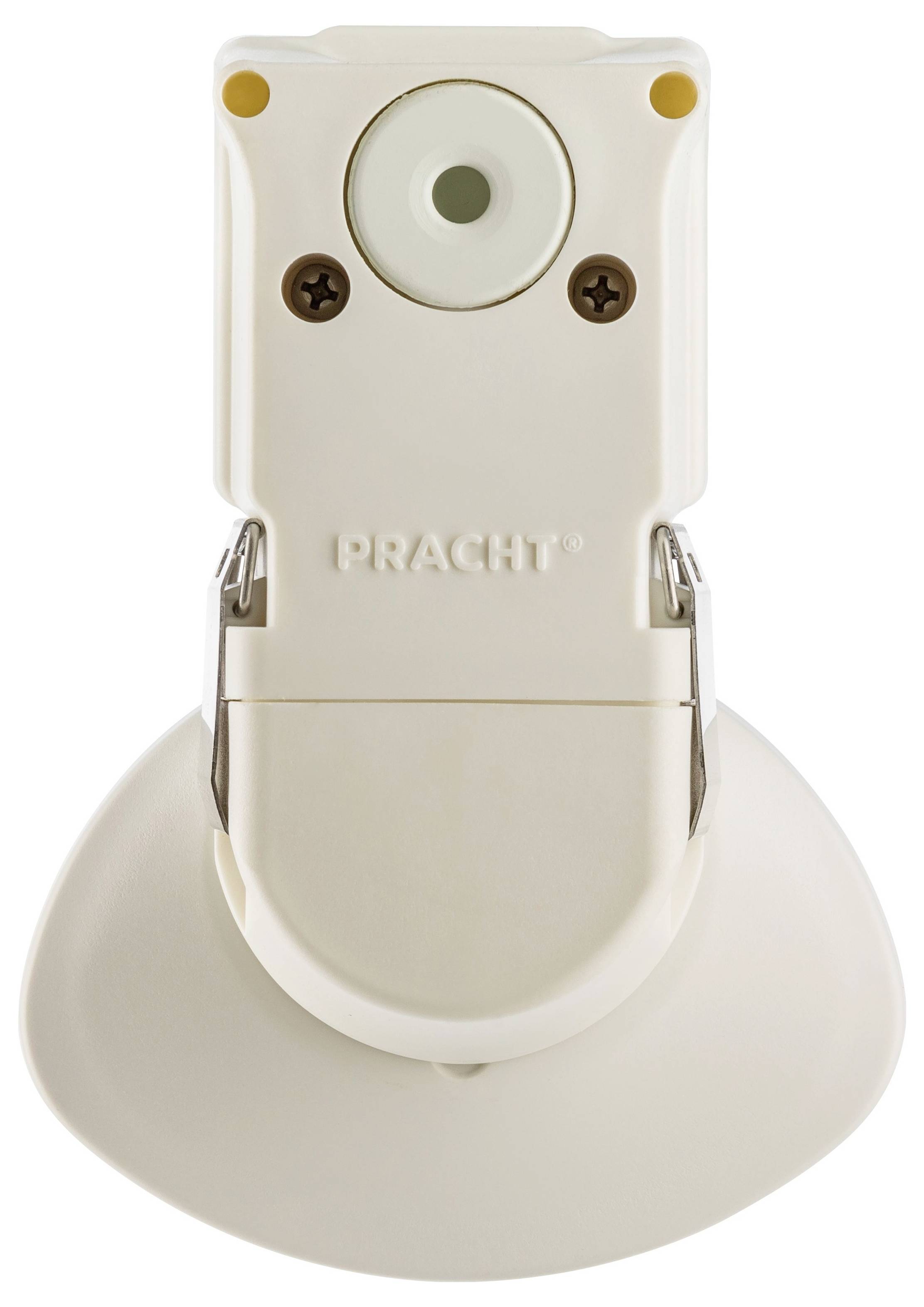 Kremowa oprawka lampy z okrągłym otworem pośrodku, pod którym widnieje napis „PRACHT".