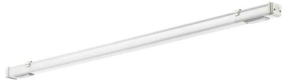 Długa, biała lampa LED z srebrnymi końcówkami, odpowiednia do montażu sufitowego w biurach lub środowiskach przemysłowych.