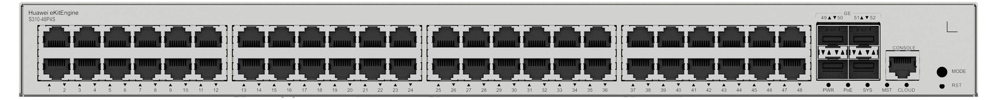 Przełącznik sieciowy z 48 portami Ethernet w ośmiu rzędach. Po prawej stronie znajdują się diody LED statusu oraz złącza zarządzania.