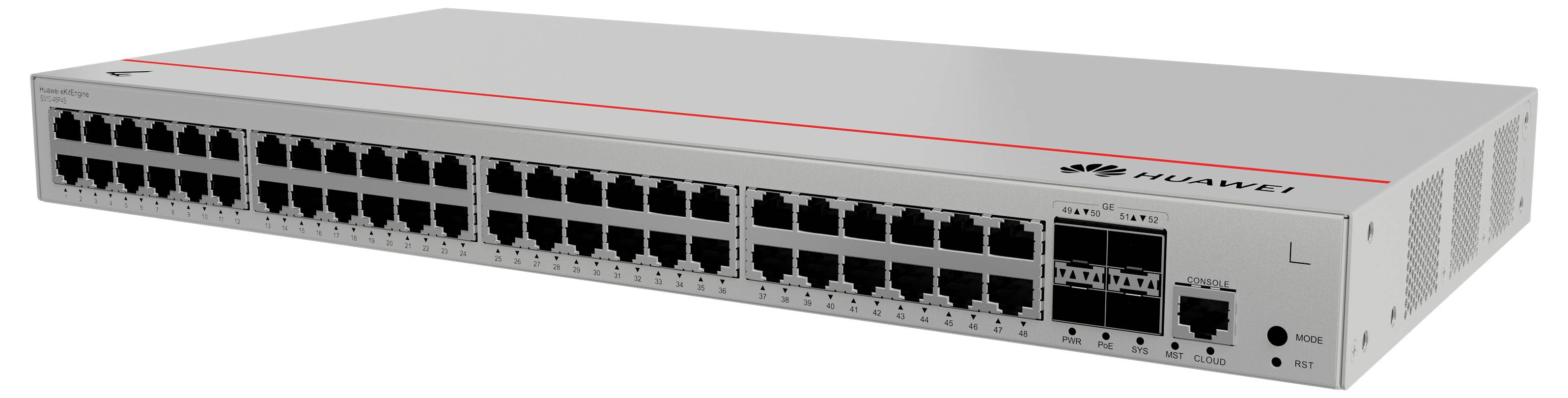Przełącznik sieciowy z licznymi portami Ethernet oraz dwoma złączami światłowodowymi, przeznaczony do połączeń kablowych w biurze.