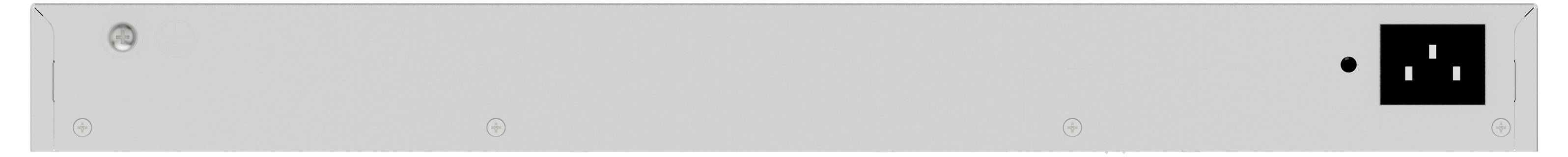 Szary, prostokątny sprzęt z czarnym polem przyłączeniowym i przełącznikiem po prawej stronie.