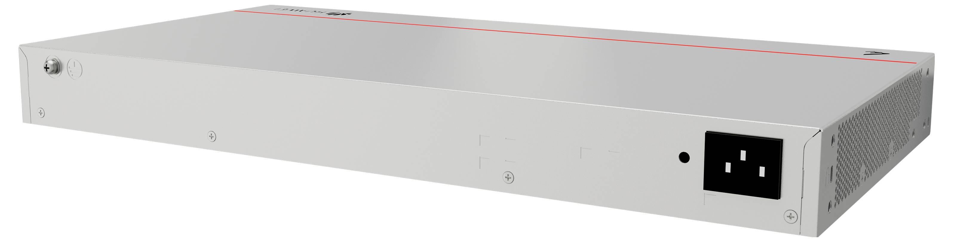 Srebrzysto-szary przełącznik sieciowy z czerwonym paskiem na górze, prostokątny, płaski, z gniazdami przyłączeniowymi z tyłu.