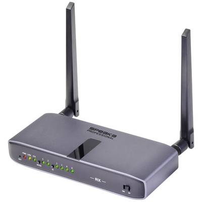 Czarny router z dwoma antenami prezentuje diody statusowe dla zasilania, połączenia i trybu. Urządzenie znajduje się na białym tle.